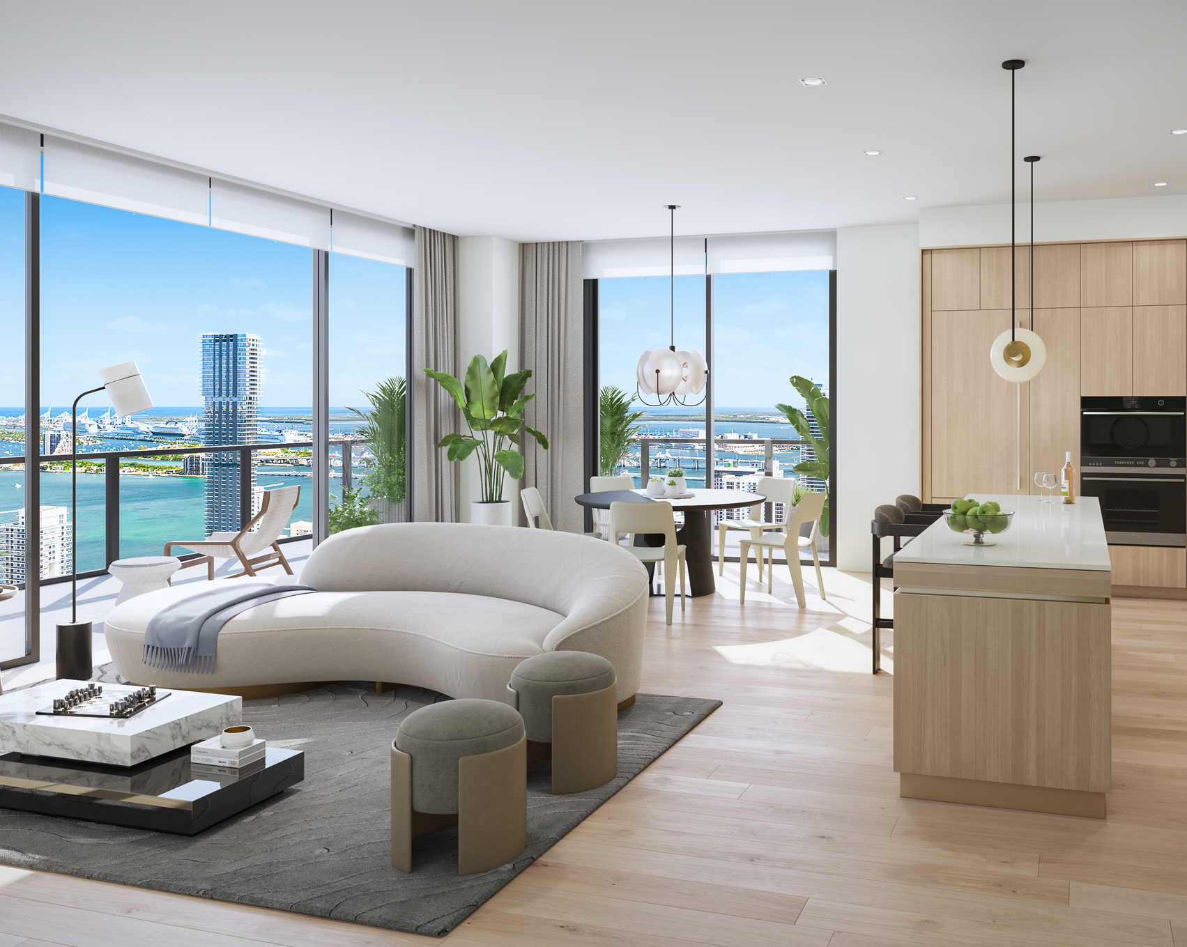 Living room, kitchen, and dining room of a penthouse at Forma Miami. Open layout with premium features and skyline views.
