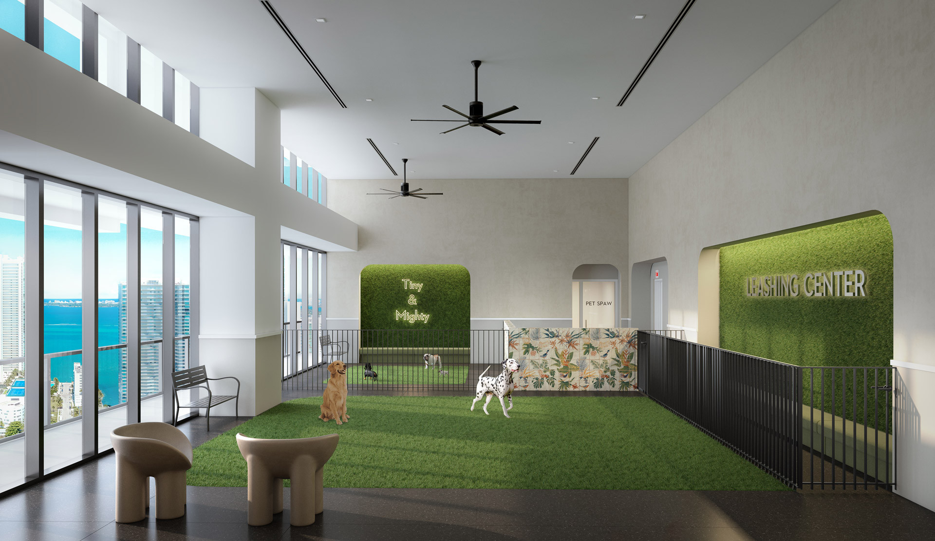 Forma Miami features a dog lounge for residents, offering multiple playground areas and a pet spaw for washing and grooming.