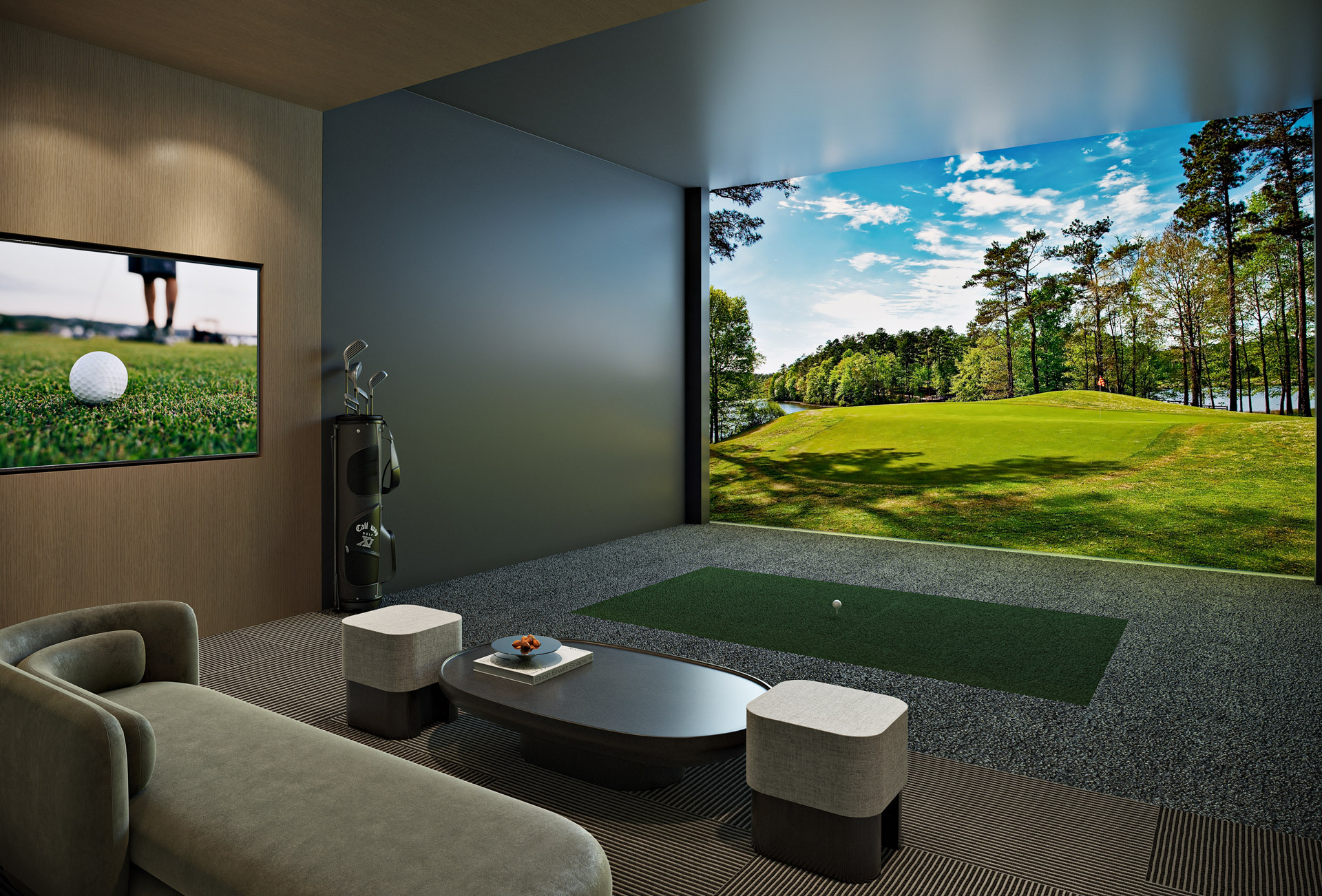 Golf simulator bay at Forma Miami luxury residences. Private room with lounge area, projector screen, and turf tee box.