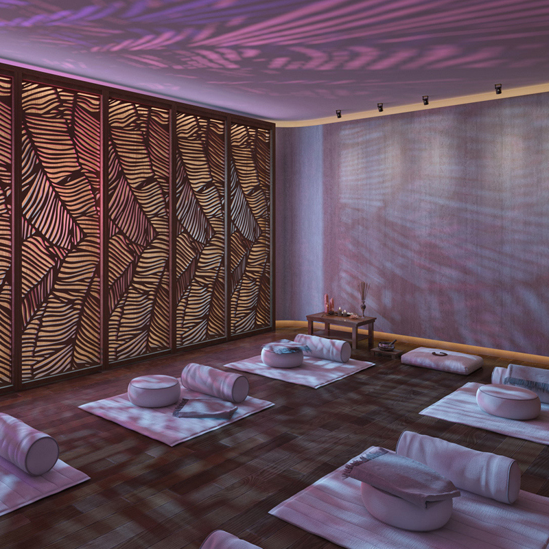 Meditation room at Forma Miami residences. Private space for residents with dim lighting and padded seating.