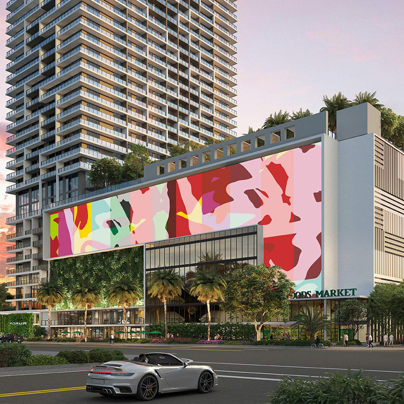 Exterior of Whole Foods Market in Edgewater, Miami. New market with direct access for residents at Forma Miami apartments.